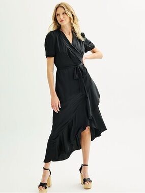 Nine West Black Ruffled Wrap Midi Dress Woman’s XS NWT